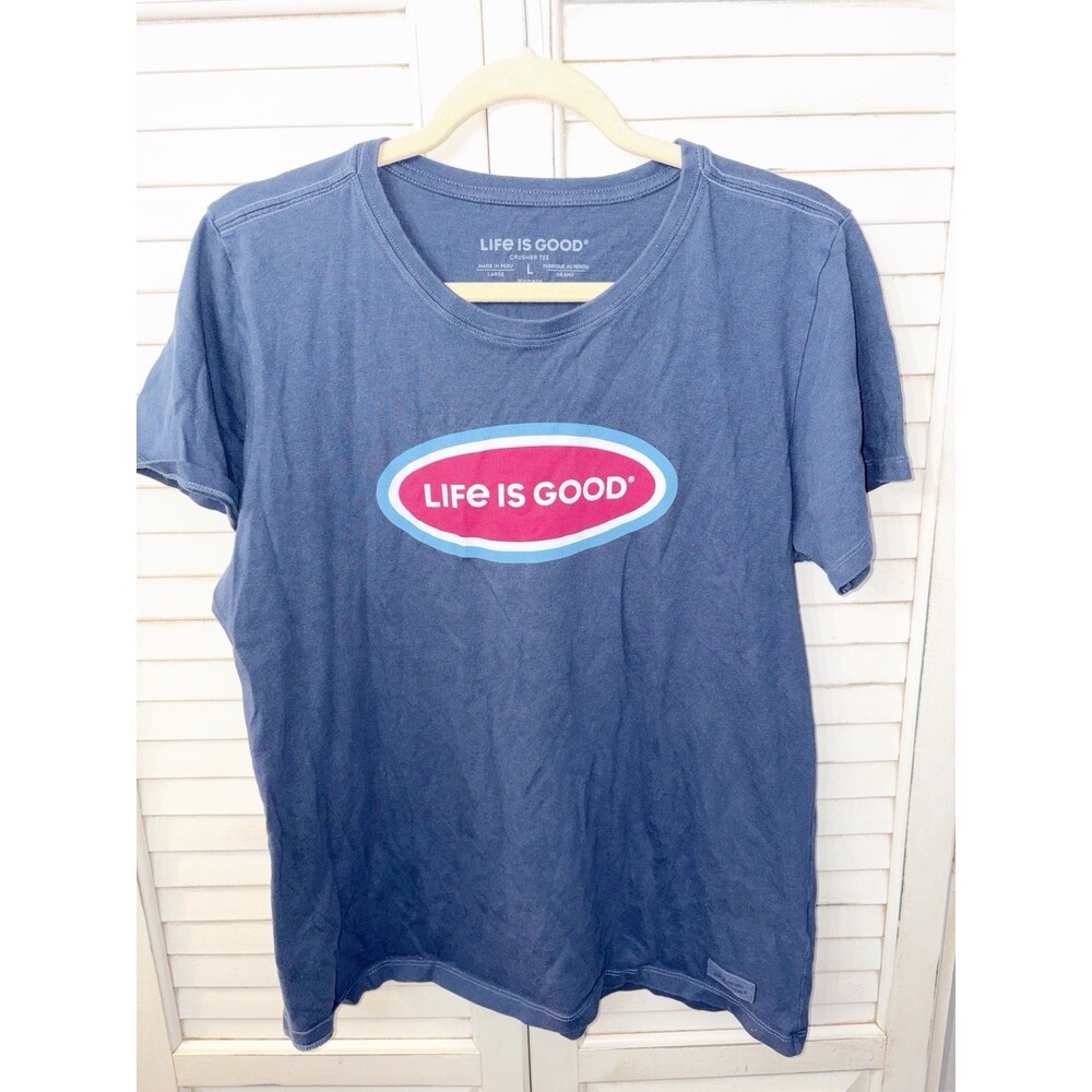 Life is Good Womens Large Crusher Tee Navy Blue Pink Short Sleeve